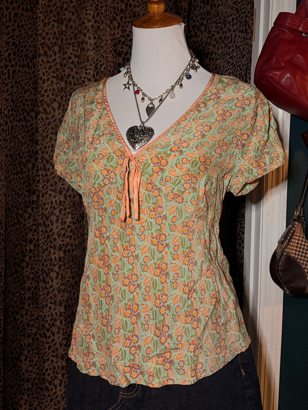 Floral Tie-Front V-Neck Blouse - Mint Green & Orange